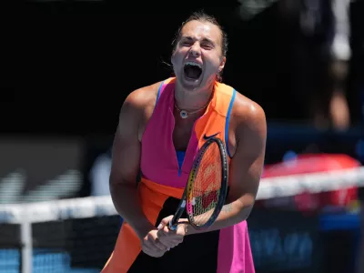 Aryna Sabalenka of Belarus reacts during her third round match against Anastasia Potapova of Austria at the Australian Open tennis championship in Melbourne, Australia, Friday, Jan. 23, 2026. (AP Photo/Asanka Brendon Ratnayake)