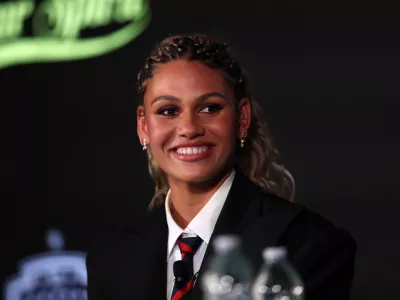 Jan 22, 2026; Los Angeles, California, USA; Trinity Rodman of the Washington Spirit answers questions during a press conference at BMO Stadium. Mandatory Credit: Kiyoshi Mio-Imagn Images
