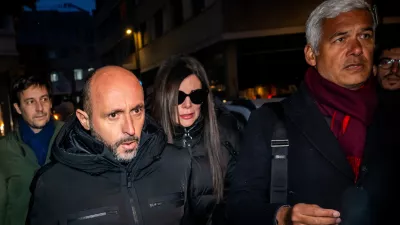 The owners of the "Le Constellation" bar in Crans-Montana, where the deadly fire happened on New Year's Day, Jacques und Jessica Moretti from France, center, arrive with their lawyers Patrick Michod, Yael Hayat and Nicola Meier, to be auditioned by the Valais public prosecutor's office in Sion, Switzerland, Friday, January 9, 2026. (Jean-Christophe Bott/Keystone via AP)