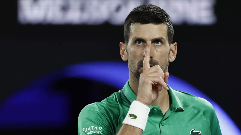 Tennis - Australian Open - Melbourne Park, Melbourne, Australia - January 24, 2026 Serbia's Novak Djokovic reacts during his third round match against Netherlands' Botic van de Zandschulp REUTERS/Tingshu Wang