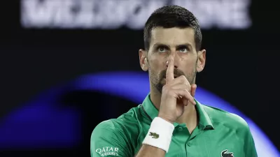 Tennis - Australian Open - Melbourne Park, Melbourne, Australia - January 24, 2026 Serbia's Novak Djokovic reacts during his third round match against Netherlands' Botic van de Zandschulp REUTERS/Tingshu Wang