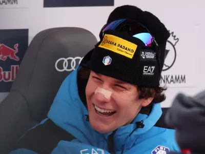 Alpine Skiing - FIS Alpine Ski World Cup - Men's Downhill - Kitzbuehel, Austria - January 24, 2026 Italy's Giovanni Franzoni reacts during the Men's Downhill REUTERS/Leonhard Foeger