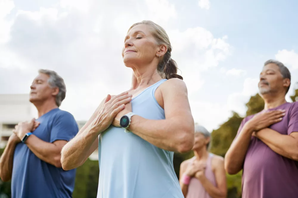 Seniors meditating peacefully outdoors in a park with hands on heart chakra. Elderly group of healthy people holding hands on chest with eyes closed during yoga class. Wellness activity for older adults in open green space, mindfulness and gratitude concept.