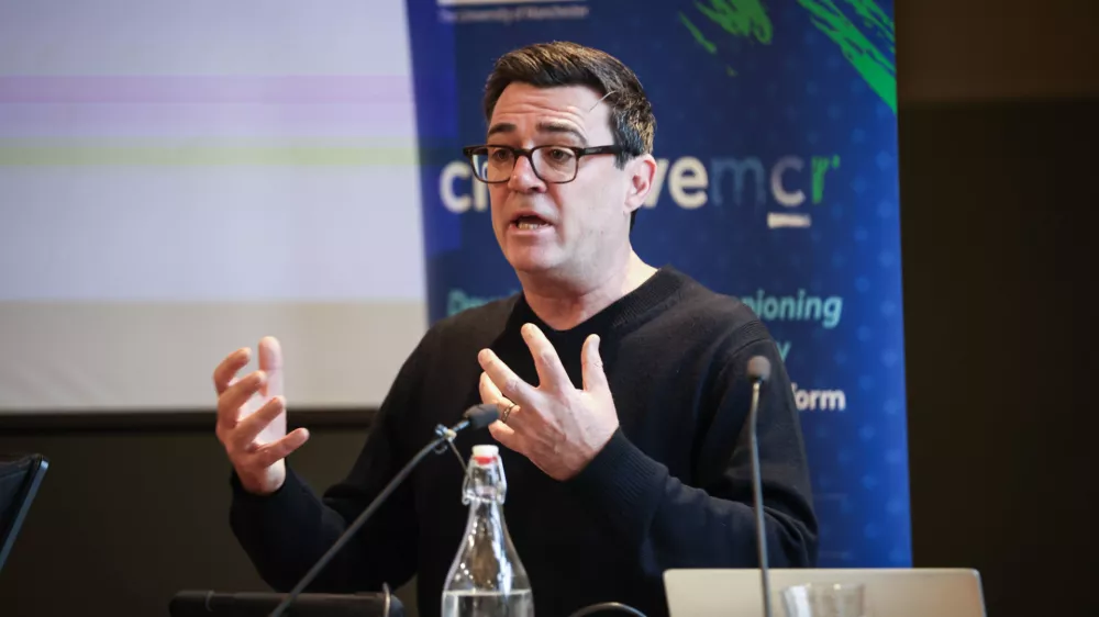 Mayor of Greater Manchester Andy Burnham speaking at the launch of Class Ceiling in Manchester, England, Monday, Jan. 26, 2026. (James Speakman/PA via AP)
