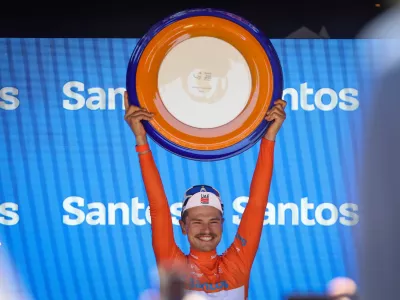 Jay Vine of UAE Team Emirates celebrates victory after stage five of the Tour Down Under road cycle race in Adelaide, Australia, Sunday, Jan. 25, 2026. (Matt Turner/AAP Image via AP)