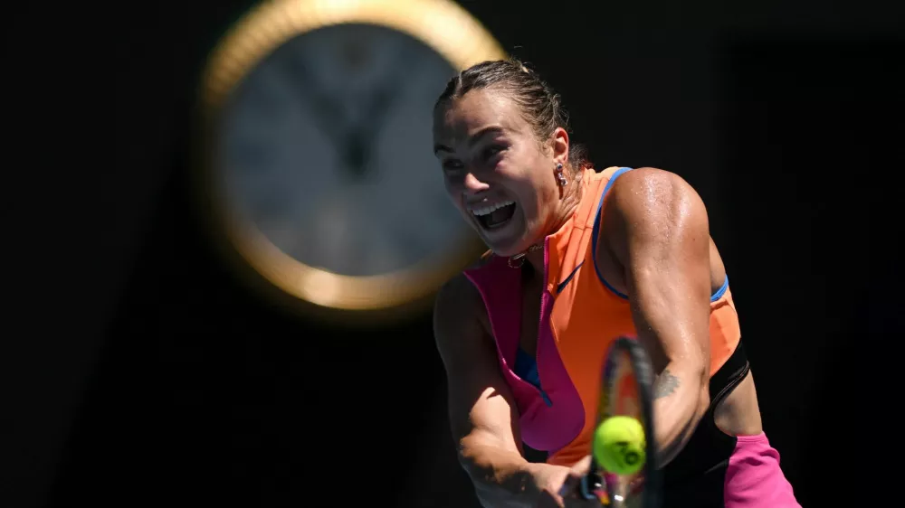 Tennis - Australian Open - Melbourne Park, Melbourne, Australia - January 27, 2026 Belarus' Aryna Sabalenka in action during her quarter final match against Iva Jovic of the U.S. REUTERS/Jaimi Joy