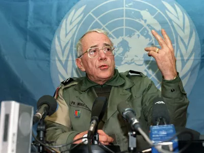 (FILES) French General Philippe Morillon, head of the U.N forces in Bosnia-Hercegovina (UNPROFOR), gestures during a press conference, 06 March 1993 in Sarajevo, after coming back from the besieged Moslem enclave of Cerska where he spent a few hours in a bid to ease the plight of inhabitants under siege from hostile Serbian forces. General Philippe Morillon, former commander of UN forces in Bosnia, died January 29, 2026 at the age of 90, the French army and the Minister of the Armed Forces announced on X.,Image: 1070548629, License: Rights-managed, Restrictions:, Model Release: no