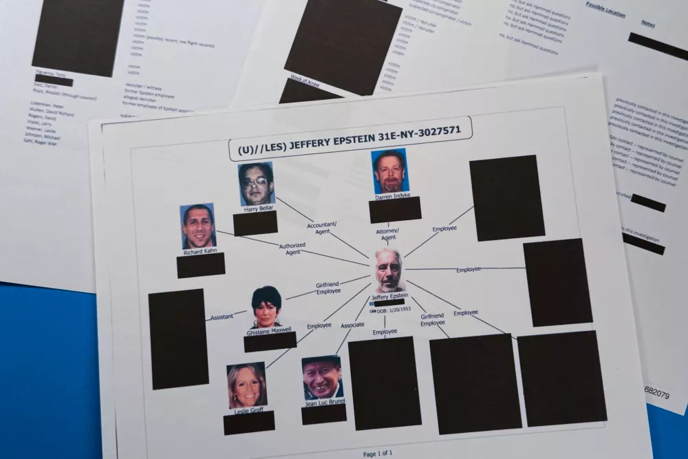 A document included in the U.S. Department of Justice release of the Jeffrey Epstein files is photographed Friday, Jan. 30, 2026, that illustrates several people who handled Epstein's financial affairs or who were close to him (AP Photo/Jon Elswick) / Foto: Jon Elswick