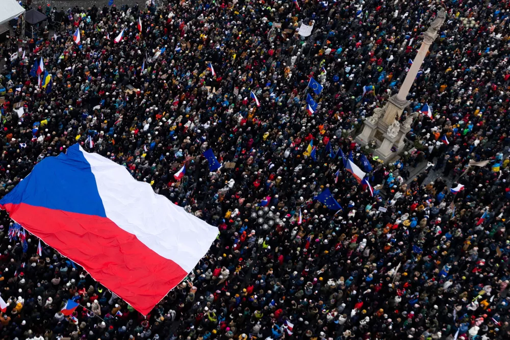 People take part in a rally in support of Czech President Petr Pavel, organised by Million Moments for Democracy group in reaction to dispute between President Pavel and Czech Foreign Minister and Motorists chair Petr Macinka, in Prague, Czech Republic, February 1, 2026. REUTERS/Eva Korinkova