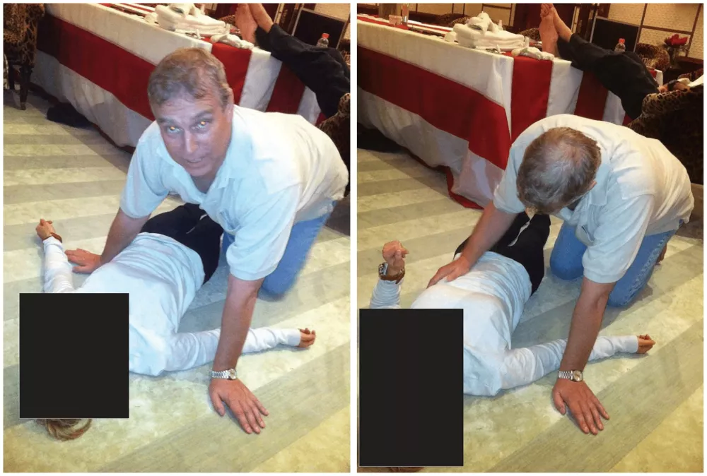 Britain's Prince Andrew kneels over a female in a combination of images released by the Department of Justice in Washington, D.C., U.S., on January 30, 2026 as part of a new trove of documents from its investigations into the late financier and convicted sex offender Jeffrey Epstein. U.S. Justice Department/Handout via REUTERS  THIS IMAGE HAS BEEN SUPPLIED BY A THIRD PARTY. REDACTED AREAS FROM SOURCE. THIS PICTURE WAS PROCESSED BY REUTERS TO ENHANCE QUALITY. UNPROCESSED VERSIONS HAVE BEEN PROVIDED SEPARATELY.