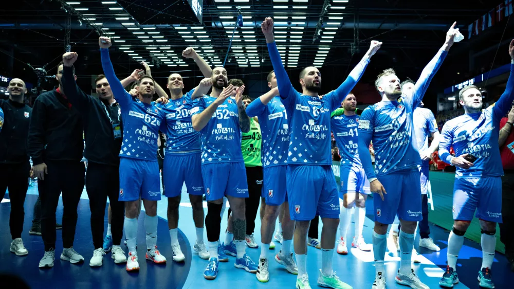 Croatia's players celebrate winnimng the Euro 2026 third place match between Iceland and Croatia in Herning, Denmark, Sunday, Feb. 1, 2026. (Henning Bagger/Ritzau Scanpix via AP)