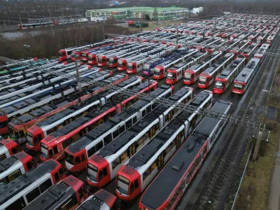 A drone image of the trams of Cologne's municipal transport service KVG sitting in a depot in the suburb Merheim during a nationwide local public transport strike called by Germany's mighty trade union Verdi, demanding higher wages and better working conditions, in Cologne, Germany, February 2, 2026. REUTERS/Erol Dogrudogan   TPX IMAGES OF THE DAY