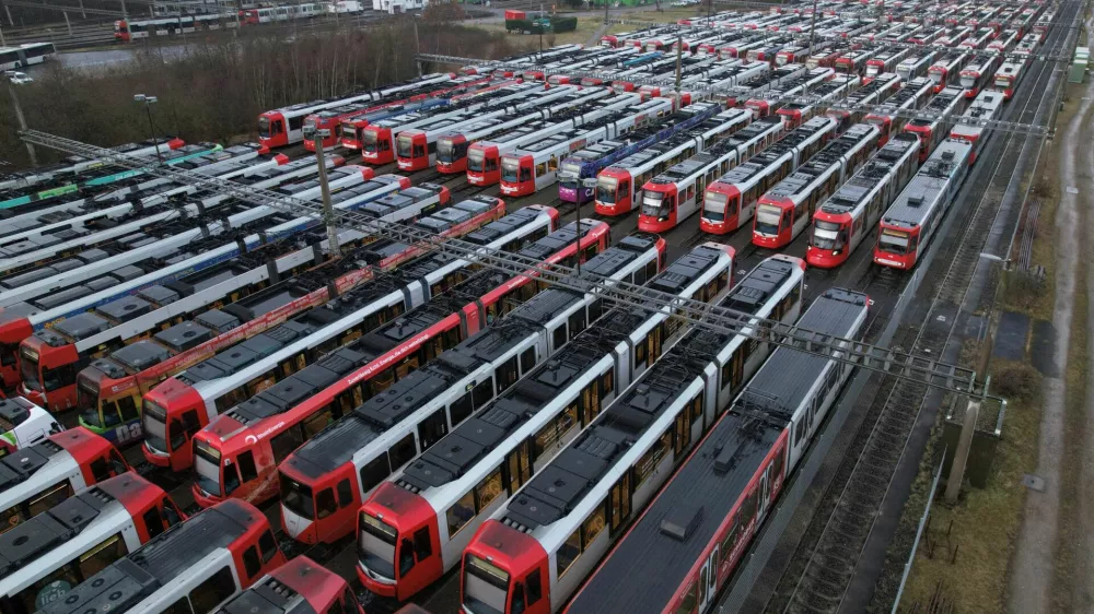 A drone image of the trams of Cologne's municipal transport service KVG sitting in a depot in the suburb Merheim during a nationwide local public transport strike called by Germany's mighty trade union Verdi, demanding higher wages and better working conditions, in Cologne, Germany, February 2, 2026. REUTERS/Erol Dogrudogan   TPX IMAGES OF THE DAY
