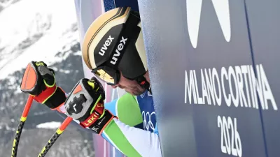 Milano Cortina 2026 Winter Olympics - Alpine Skiing - Men's Downhill Training - Stelvio Ski Centre, Bormio, Italy - February 04, 2026 Miha Hrobat of Slovenia before the start of his run REUTERS/Angelika Warmuth