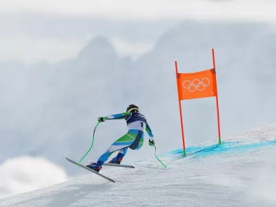 Milano Cortina 2026 Olympics - Alpine Skiing - Women's Downhill Official Training - Tofane Alpine Skiing Centre, Belluno, Italy - February 06, 2026. Ilka Stuhec of Slovenia in action during training REUTERS/Lisi Niesner