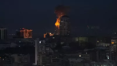 A drone hits an apartment building during a Russian missile and drone strike, amid Russia's attack on Ukraine, in Kyiv, Ukraine February 3, 2026. REUTERS/Gleb Garanich