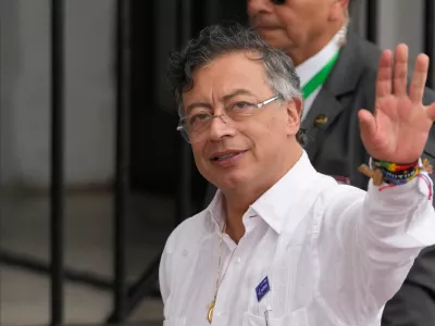FILE - Colombian President Gustavo Petro arrives&nbsp;at the presidential palace in Panama City, Jan. 28, 2026. (AP Photo/Matias Delacroix, File)
