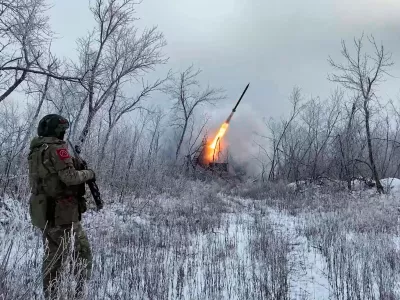 In this image made from video provided by Russian Defense Ministry Press Service on Wednesday, Feb. 4, 2026, Russian Multiple rocket launcher TOS-1A fires towards Ukrainian positions on an undisclosed location in Ukraine. (Russian Defense Ministry Press Service via AP)