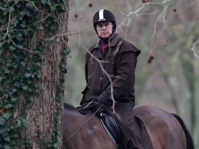 Andrew Mountbatten-Windsor rides a horse in Windsor Great Park, near to Royal Lodge, a property on the estate surrounding Windsor Castle, where Andrew Mountbatten-Windsor, the younger brother of Britain's King Charles, resides, after the U.S. Justice Department has released more records tied to the late financier and convicted sex offender Jeffrey Epstein, in Windsor, Britain, February 2, 2026. REUTERS/Toby Melville