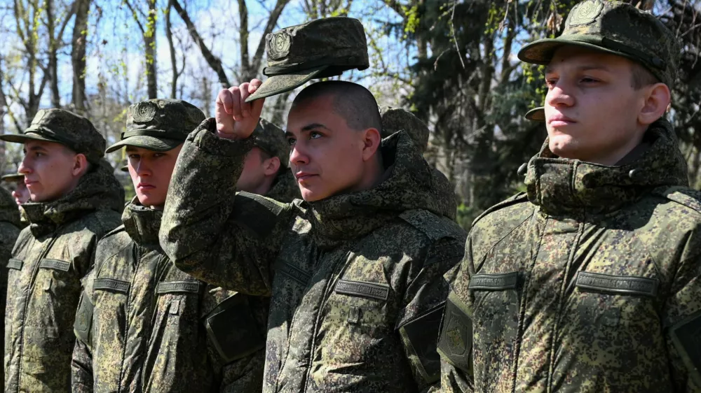 Russian conscripts called up for military service line up during a ceremony before their departure for garrisons, in Bataysk in the Rostov region, Russia, April 10, 2025. REUTERS/Sergey Pivovarov