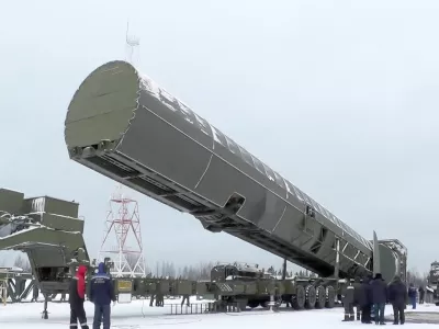 In this video grab provided by RU-RTR Russian television via AP television on Thursday, March 1, 2018, Russia's new Sarmat intercontinental missile is shown at an undisclosed location in Russia. President Vladimir Putin declared Thursday that Russia has developed a range of new nuclear weapons, claiming they can't be intercepted by enemy. (RU-RTR Russian Television via AP)