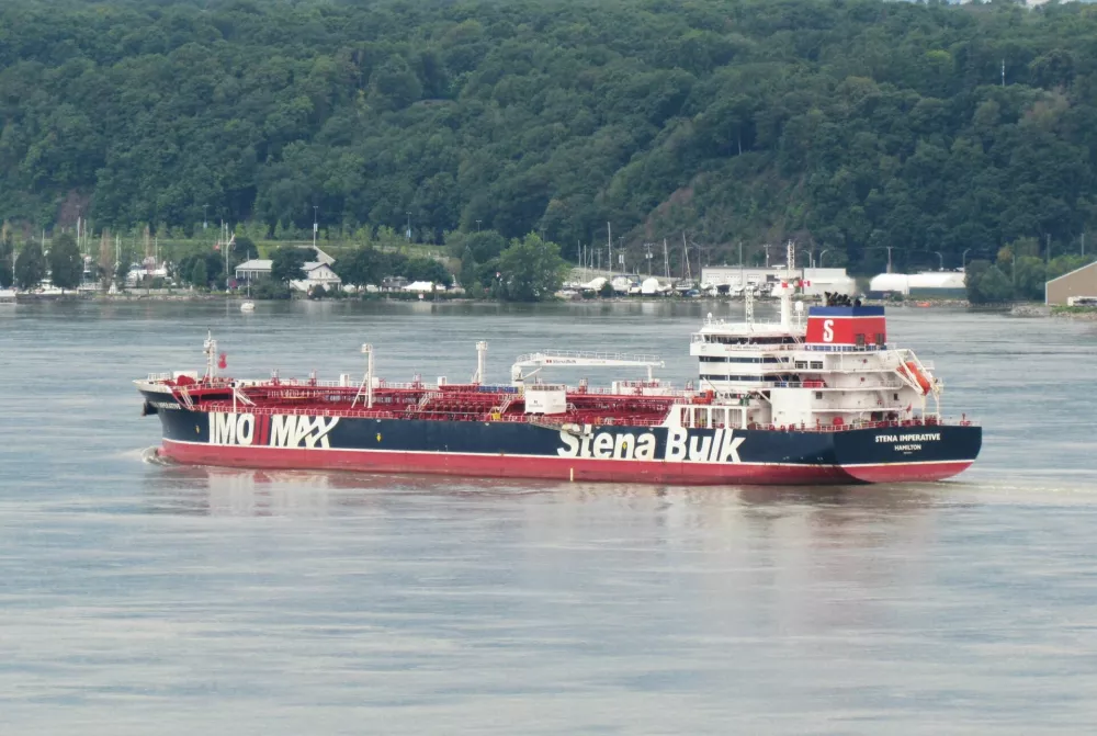 A file image taken August 3, 2023, in Quebec City, Quebec, Canada, shows the U.S.-flagged tanker Stena Imperative, which was approached by Iranian gunboats on Tuesday, according to maritime sources and a security consultancy. Marc Boucher/Handout via REUTERS  THIS IMAGE HAS BEEN SUPPLIED BY A THIRD PARTY. NO RESALES. NO ARCHIVES. MANDATORY CREDIT VERIFICATION: - The buildings and the bridge seen in the photo matched the file and satellite imagery of the area. - Reuters verified the tanker's identity using features that matched other file images of the Stena Imperative. - The photo's date was verified from the metadata in the original image file.