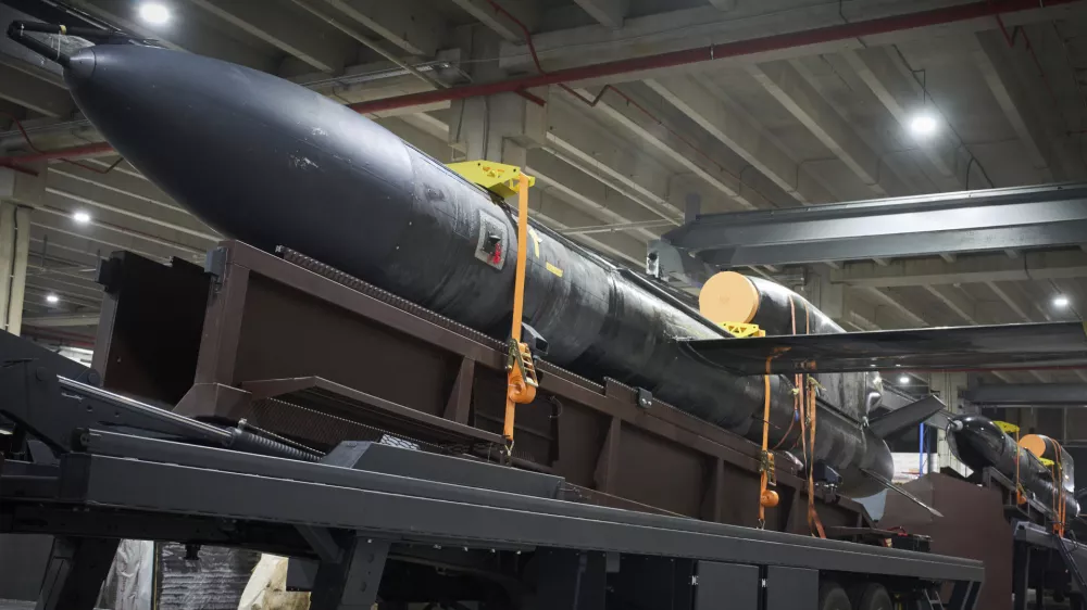 Flamingo missiles are seen at Fire Point's secret factory in Ukraine on Thursday, Aug. 14, 2025. (AP Photo/Efrem Lukatsky)