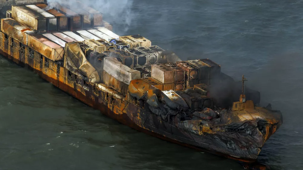 Smoke billows from the MV Solong cargo ship in the North Sea, off the Yorkshire coast in England, Tuesday, March 11, 2025. (Dan Kitwood/Pool Photo via AP)