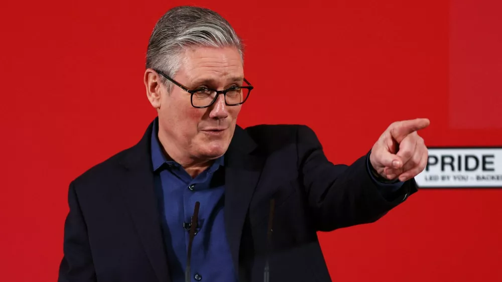 British Prime Minister Keir Starmer delivers a speech at Horntye Park Sports Complex in St Leonards, Britain, February 05, 2026. Peter Nicholls/Pool via REUTERS