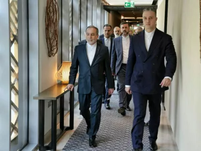 Iranian Foreign Minister Abbas Araqchi and his accompanying delegation depart for the site of the talks in Muscat, Oman, February 6, 2026. Iranian Foreign Ministry/WANA (West Asia News Agency)/ Handout via REUTERS ATTENTION EDITORS - THIS PICTURE WAS PROVIDED BY A THIRD PARTY.