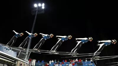 Milano Cortina 2026 Olympics - Ski Jumping - Men's Large Hill - Official Training - Predazzo Ski Jumping Stadium, Predazzo, Italy - February 12, 2026. Domen Prevc of Slovenia in action during training. This is an in-camera multiple exposure picture. REUTERS/Kai Pfaffenbach