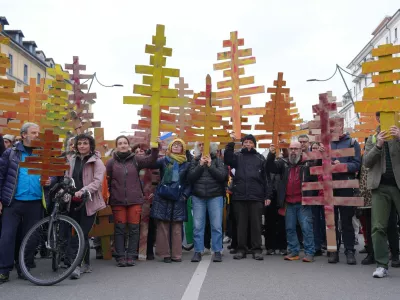 Demonstrators marched against the environmental impact of the Milan Cortina Winter Olympics and the presence of U.S. Immigration and Customs Enforcement agents, in Milan, Saturday Feb. 7, 2026. (Claudio Furlan/LaPresse via AP)