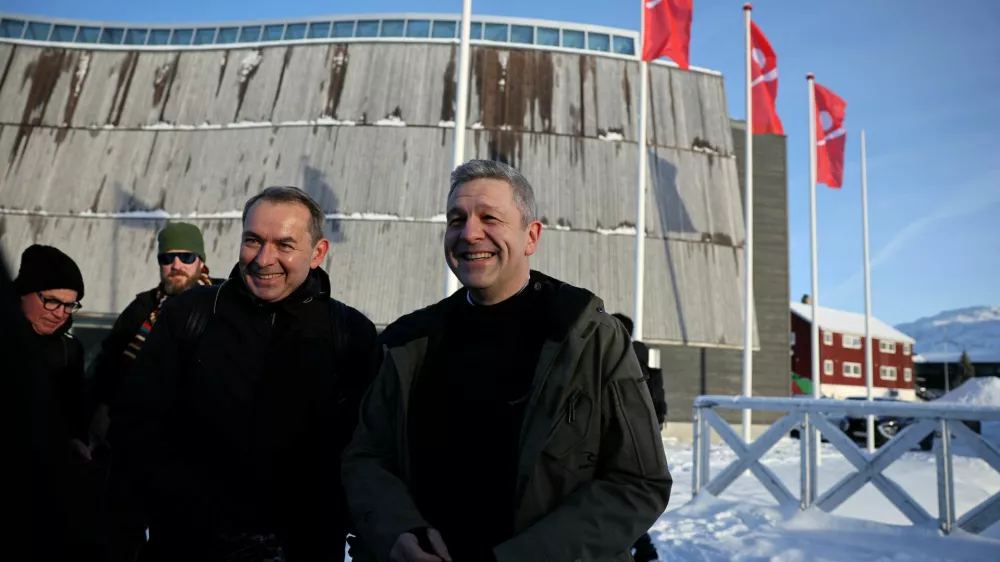 Christophe Parisot, French ambassador to Denmark, and Jean-Noel Poirier, new French Consul General in Nuuk, Greenland, speak to the media in Nuuk, Greenland, February 6, 2026. REUTERS/Stoyan Nenov