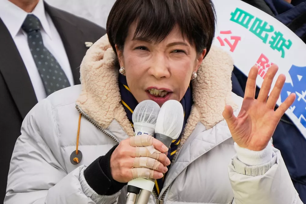 Sanae Takaichi, Japan's prime minister and president of the ruling Liberal Democratic Party, delivers a speech to supporters on the eve of the lower house election during a campaign event in Tokyo, Saturday, Feb. 7, 2026. (AP Photo/Eugene Hoshiko)