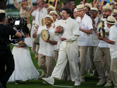 Feb 8, 2026; Santa Clara, CA, USA; Bad Bunny performs during the Half Time show in Super Bowl LX at Levi's Stadium. Mandatory Credit: Darren Yamashita-Imagn Images