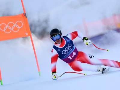 Milano Cortina 2026 Olympics - Alpine Skiing - Men's Team Combined Downhill - Stelvio Ski Centre, Bormio, Italy - February 09, 2026. Franjo von Allmen of Switzerland in action during the Men's Team Combined Downhill REUTERS/Angelika Warmuth
