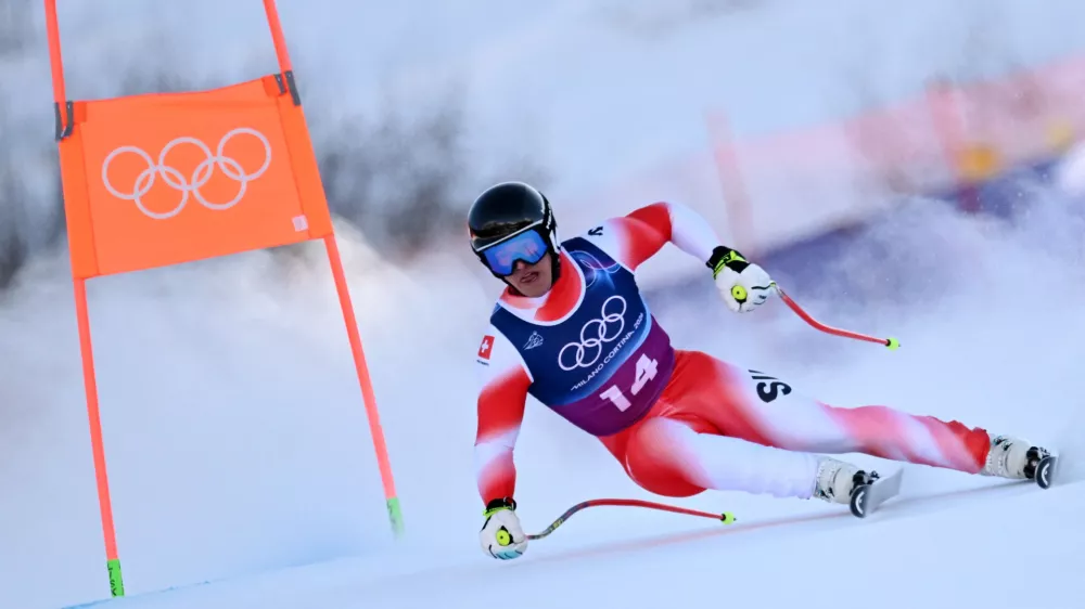Milano Cortina 2026 Olympics - Alpine Skiing - Men's Team Combined Downhill - Stelvio Ski Centre, Bormio, Italy - February 09, 2026. Franjo von Allmen of Switzerland in action during the Men's Team Combined Downhill REUTERS/Angelika Warmuth