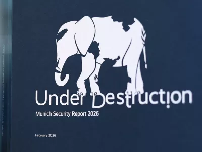 A copy of the Munich Security Report 2026, on display during a press conference in Berlin, Germany, February 9, 2026. REUTERS/Liesa Johannssen