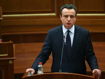 Kosovo's newly elected Albin Kurti delivers a speech during a parliamentary session, in Pristina, Kosovo, February 11, 2026. REUTERS/Florion Goga