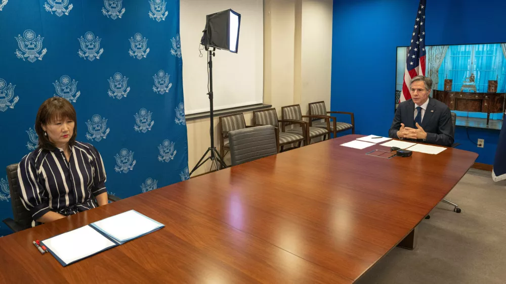 Secretary of State Antony J. Blinken delivers virtual remarks to the diplomatic corps, from the U.S. Department of State in Washington, D.C. on July 14, 2021. Secretary Blinken is joined by Acting Chief of Protocol Asel Roberts. Copyright: xpiemagsx deptofstpie23052022-30831 ACHTUNG AUFNAHMEDATUM GESCH?TZTNo Use Switzerland. No Use Germany. No Use Japan. No Use Austria