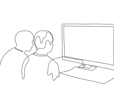 A couple of friends are sitting in front of a wide screen TV, they are watching something enthusiastically (news, film, TV show). One continuous line drawing looking at the monitor, for animation / Foto: Kamila Baimukasheva Getty Images