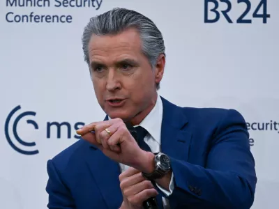 13 February 2026, Bavaria, Munich: Gavin Newsom, Governor of California speaks during the 62nd Munich Security Conference at the Bayerischer Hof Hotel. Photo: Sven Hoppe/dpa