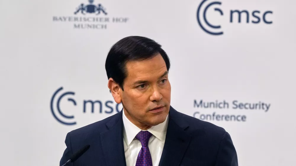 United States Secretary of State Marco Rubio speaks during the Munich Security Conference in Munich, Germany, Saturday, Feb. 14, 2026. (AP Photo/Michael Probst)