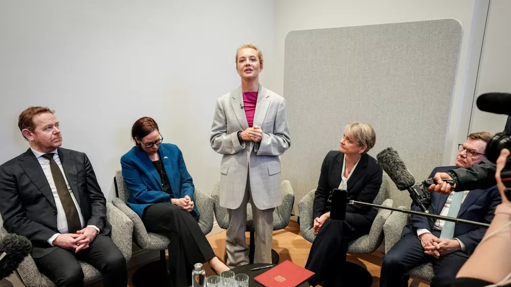 Yulia Navalnaya, human rights activist and wife of Russian opposition leader Alexei Navalny, gives a press statement on the death and circumstances of her husband's death on the sidelines of the Munich Security Conference in Munich, Germany, Saturday Feb. 14, 2026. (Kay Nietfeld/dpa via AP)