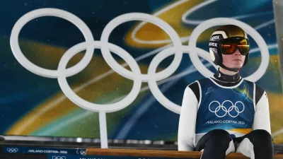 Milano Cortina 2026 Olympics - Ski Jumping - Men's Large Hill Individual - Trial Round - Predazzo Ski Jumping Stadium, Predazzo, Italy - February 14, 2026. Domen Prevc of Slovenia before his run during the Men's Large Hill Individual Trial Round REUTERS/Kai Pfaffenbach