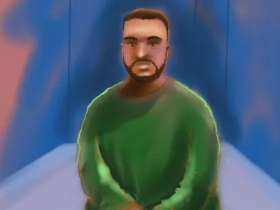 A court sketch depicts accused Bondi shooter Naveed Akram appearing via video link from Goulburn Supermax prison, at Downing Centre Local Court in Sydney, Monday, Feb. 16, 2026. (Rocco Fazzari/AAP Image via AP)