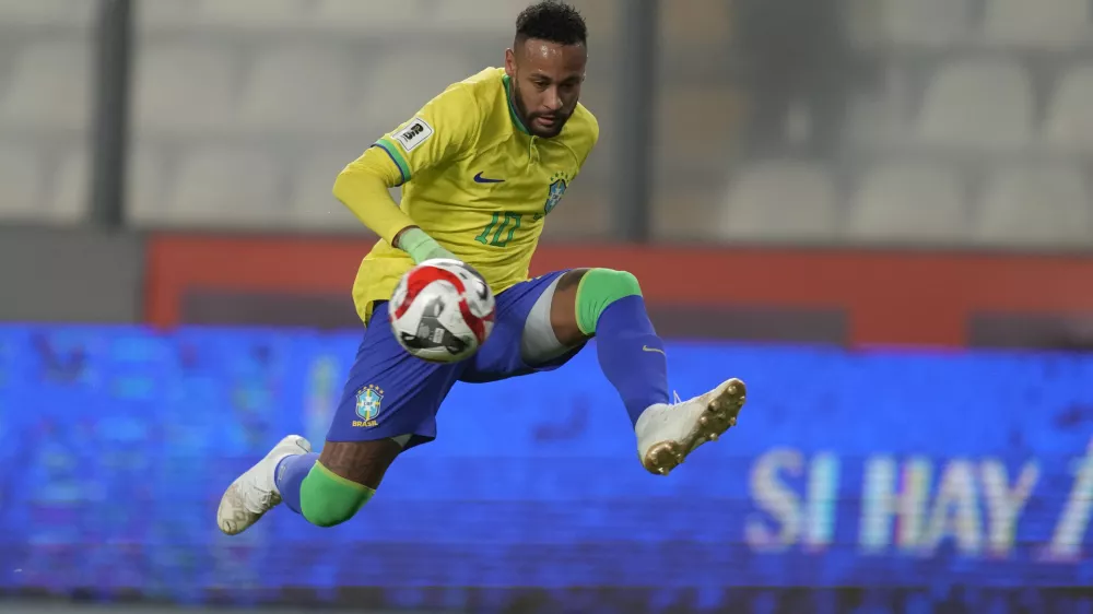 FILE - Brazil's Neymar controls the ball during a qualifying soccer match for the FIFA World Cup 2026 against Peru at National stadium in Lima, Peru, Tuesday, Sept. 12, 2023. (AP Photo/Martin Mejia, File)