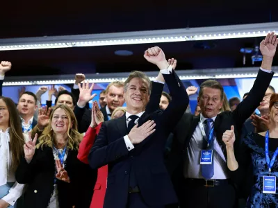Slovenia's Prime Minister Robert Golob gestures at a Congress party ahead of the national elections in Ljubljana, Slovenia, February 14, 2026. Borut Zivulovic/REUTERS