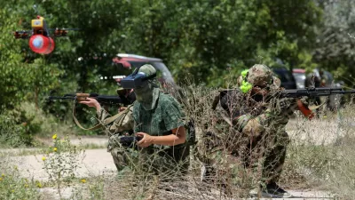 Members of a Russian territorial defence female unit operate FPV drones and practise battle tactics while training at a firing ground near Yevpatoriya, Crimea, July 22, 2023. REUTERS/Alexey Pavlishak