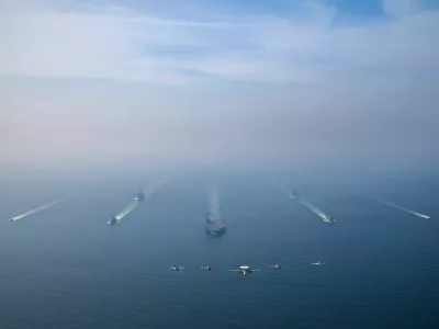The U.S. Navy's Nimitz-class aircraft carrier USS Abraham Lincoln leads its strike group during a photo exercise in the Arabian Sea, February 6, 2026. U.S. Navy/Mass Communication Specialist 1st Class Jesse Monford/Handout via REUTERS THIS IMAGE HAS BEEN SUPPLIED BY A THIRD PARTY